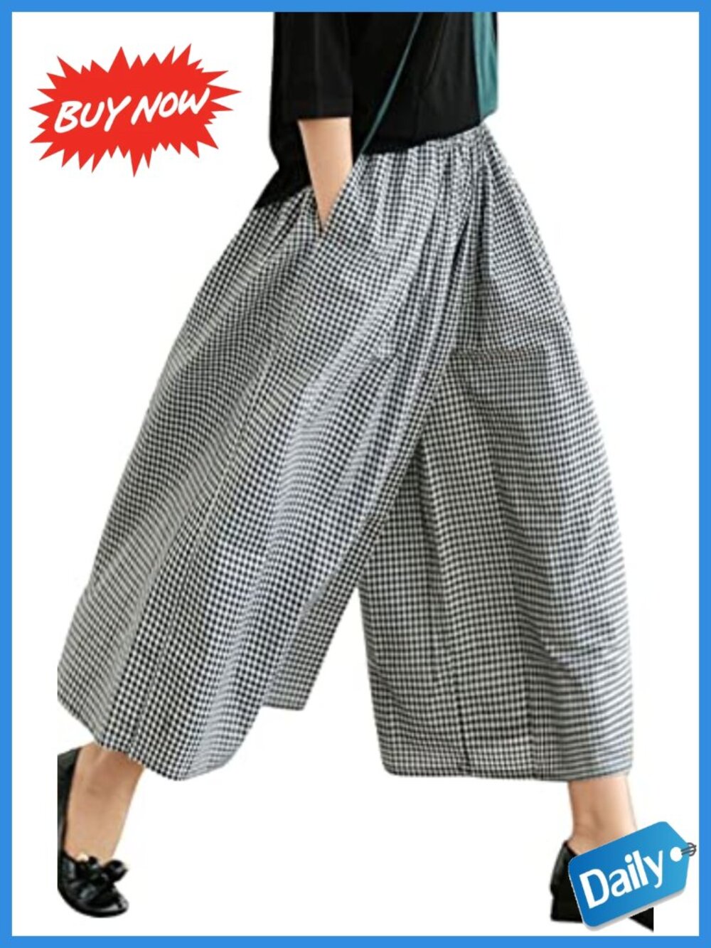 Women's Cotton Linen Plaid Gingham Wide Leg Capri Palazzo Pants